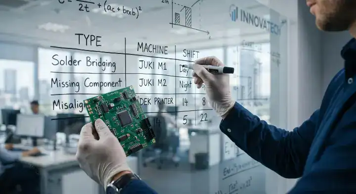 pcb assembly defect analysis A whiteboard showing defect data classified by 5 different dimensions