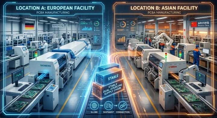 pcb assembly dual sourcing Two modern electronics manufacturing facilities working in parallel to ensure supply chain stability