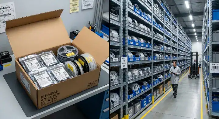 pcb assembly kitting and consignment Conceptual view of an organized component kit box and a bulk consignment warehouse