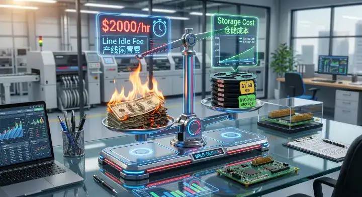 pcb component inventory strategy A 3D infographic balance scale weighing expensive factory idle fees against standard warehouse storage costs