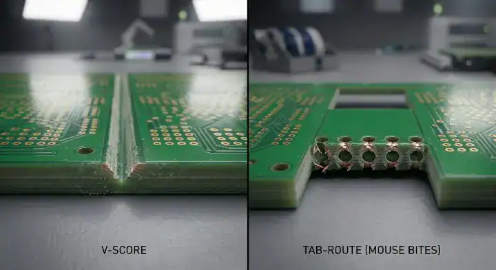 pcb panelization for assembly comparison between V score grooves and tab route mouse bites for depaneling cleanup