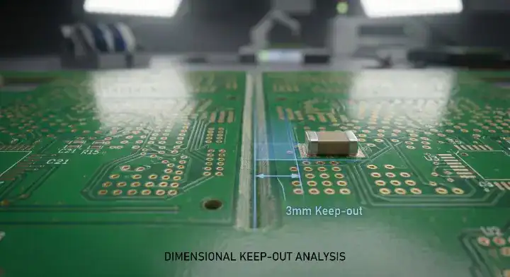 pcb panelization for assembly showing the 3mm component keep out zone near a V score depaneling line cleanup