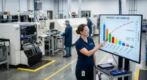pcba defect pareto analysis An engineer analyzing a digital Pareto chart on a monitor with an SMT production line in the background