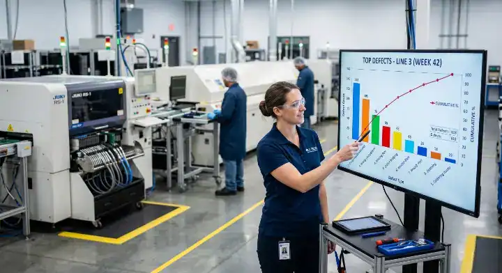 pcba defect pareto analysis An engineer analyzing a digital Pareto chart on a monitor with an SMT production line in the background