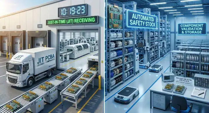 pcba inventory management A conceptual split view showing a JIT delivery truck at a factory on one side and a fully stocked component warehouse on the other