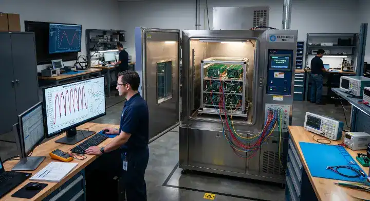 pcba reliability testing A professional environmental stress chamber testing green PCB assemblies in a high tech lab