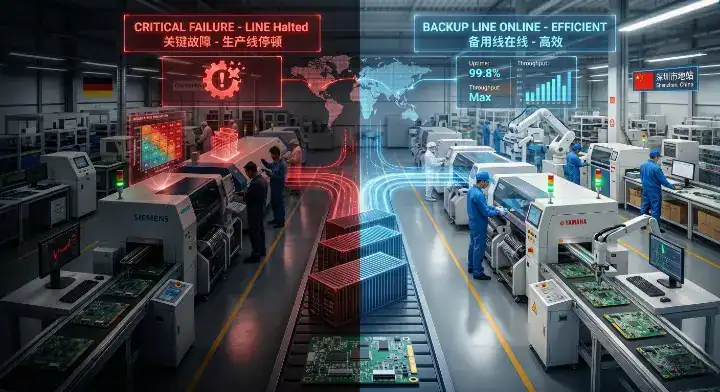 pcba supply chain strategy 3D infographic showing single source risk with a halted production line versus a working backup line