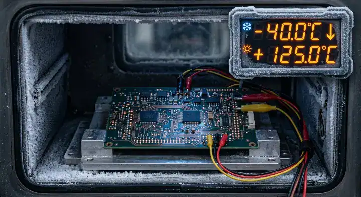thermal cycling test pcba Close up of a PCB assembly inside a thermal cycler with a digital monitor showing extreme temperature ranges