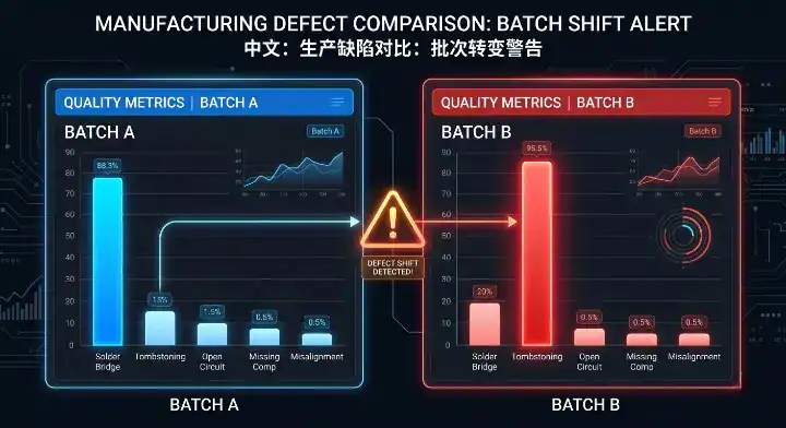 top pcba defects Two comparative Pareto charts showing a sudden shift in defect types between production batches