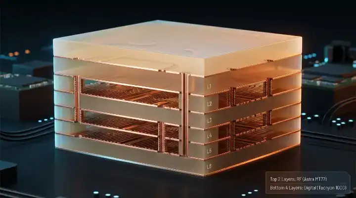 3D cross section diagram of a hybrid PCB stackup combining Astra MT77 RF laminate layers with Tachyon 100G high speed digital layers