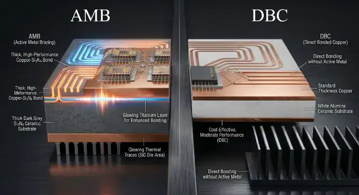 3D cross section infographic comparing AMB ceramic PCB metallurgical bond versus standard DBC eutectic bond