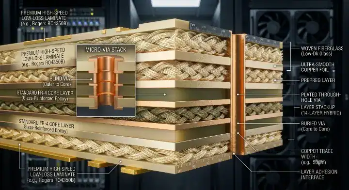 3D cross section of a hybrid PCIe Gen6 PCB material stackup combining high speed M7 layers and standard FR 4 cores