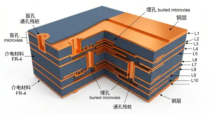 3D cross section of an HDI PCB for PCIe 5.0 and DDR5 illustrating stubless microvia structures for optimal signal integrity