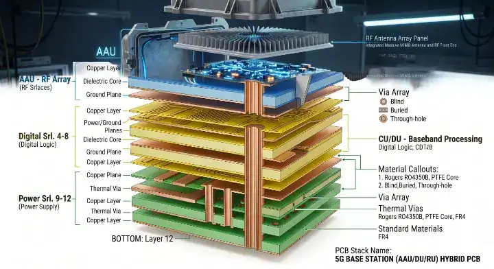 5G base station PCB material 3D cross section illustration of a 12 layer hybrid PCB stackup combining RF and digital cores