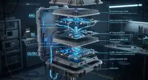 5G base station PCB material 3D exploded view of AAU and DU architecture showing different laminate zones