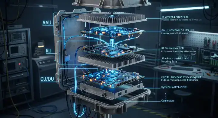 5G base station PCB material 3D exploded view of AAU and DU architecture showing different laminate zones