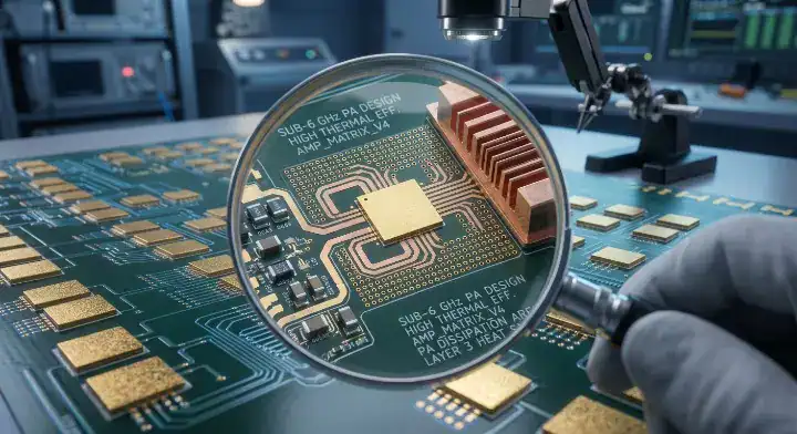 5G base station PCB material Green and gold Sub 6 GHz assembly highlighting RO4350B thermal dissipation for power amplifiers