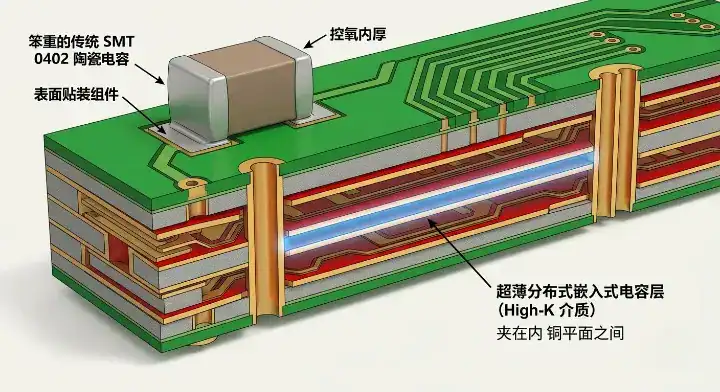 A 3D cross section of an embedded capacitor PCB highlighting the thin high K dielectric layer compared to a bulky surface mount 0402 component