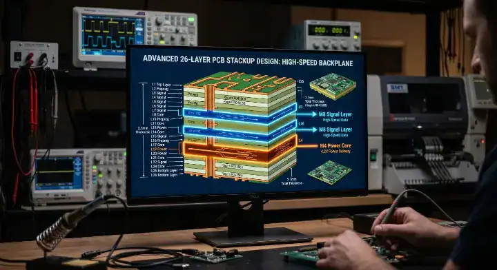 AI accelerator PCB material 26 layer HDI stackup engineering chart showing high speed signal and power delivery layers