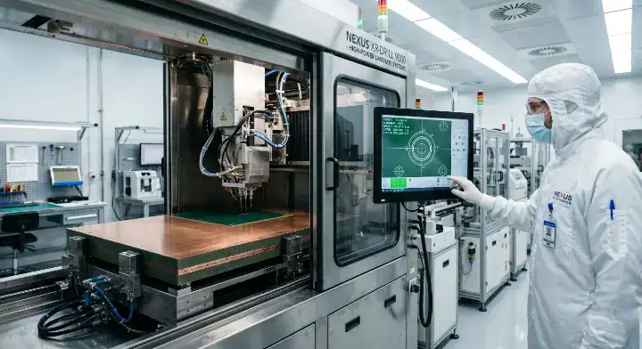 AI accelerator PCB material Factory engineer using X ray drill registration to align a 40 layer sequential lamination panel