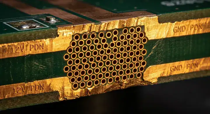 AI accelerator PCB material Thick 6 oz copper power delivery network and dense thermal via arrays for HBM4 thermal management
