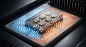 AMB ceramic PCB power module with SiC chips glowing under cinematic lighting