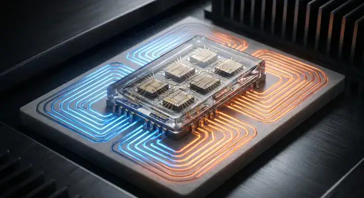AMB ceramic PCB power module with SiC chips glowing under cinematic lighting