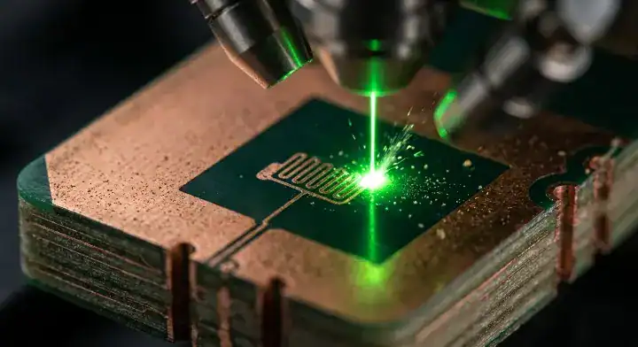 An embedded resistor PCB inner layer undergoing a precise 1064nm laser trimming process to correct resistance tolerance