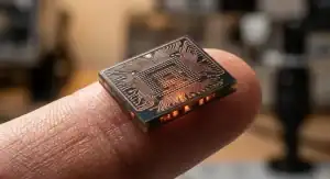 An ultra compact HDI with embedded components PCB for a medical wearable resting on a fingertip, showcasing a 40% reduction in board space