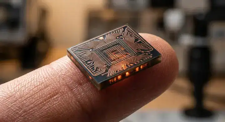 An ultra compact HDI with embedded components PCB for a medical wearable resting on a fingertip, showcasing a 40% reduction in board space