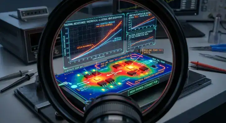 Ceramic PCB specifications infographic showing actual thermal conductivity versus theoretical datasheet values