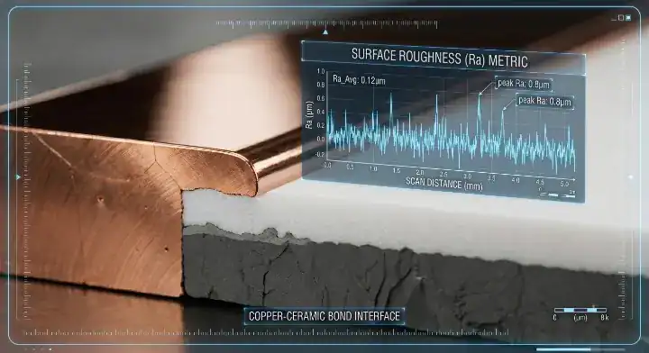 Ceramic PCB specifications macro view showing copper thickness and surface roughness Ra limits