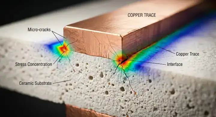 Ceramic PCB thermal cycling failure showing CTE mismatch stress and micro cracks at copper edges