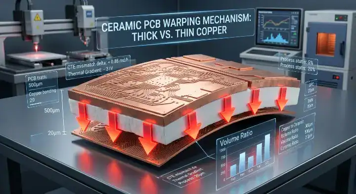 Ceramic PCB warping causes illustrated by a 3D copper volume ratio chart showing thermal contraction tension