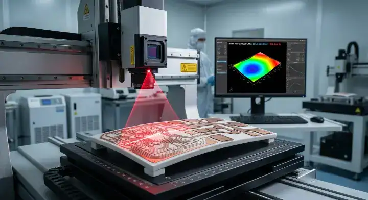Ceramic PCB warping detection using a 3D laser profilometer scanning a DBC panel for bow and twist measurements