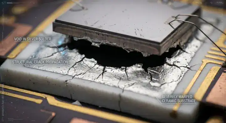 Ceramic PCB warping impact on assembly showing a bare SiC die with thermal solder voids and cracks due to substrate bow
