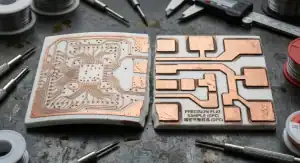 Ceramic PCB warping prevention showing a flat DBC substrate next to a severely bowed board due to thermal stress