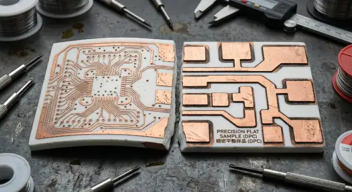 Ceramic PCB warping prevention showing a flat DBC substrate next to a severely bowed board due to thermal stress