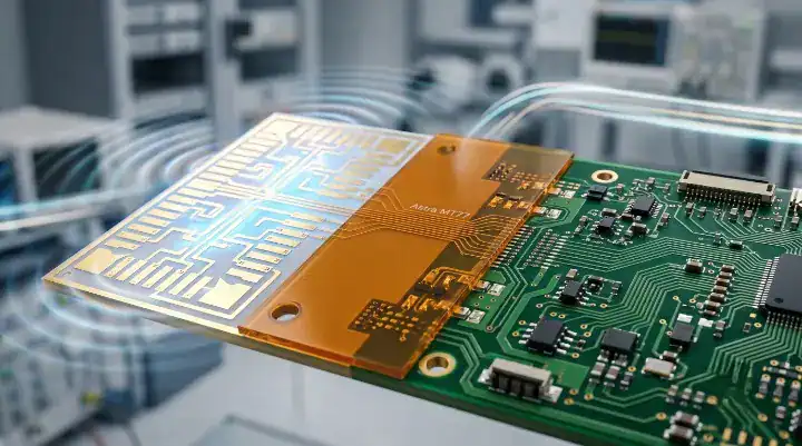 Conceptual image of an Astra MT77 RF PCB bridging the gap between millimeter wave radar applications and standard FR 4 manufacturing