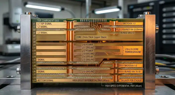 Cross section of a hybrid PCB stackup utilizing Isola FR408HR for power and ground planes beneath premium signal layers