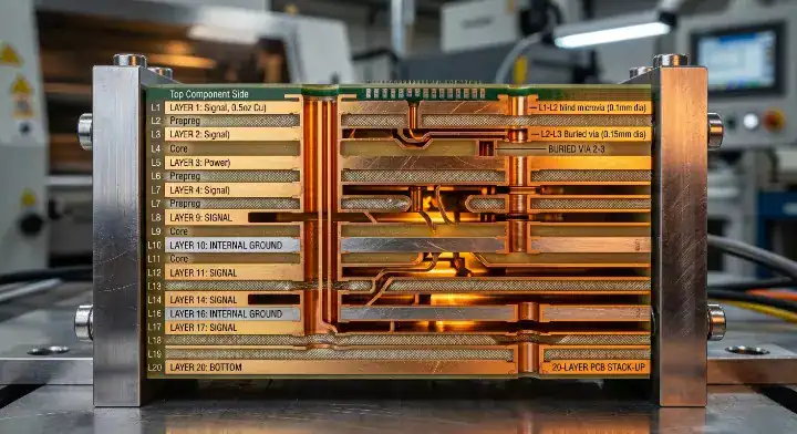 Cross section view of a high layer count hybrid PCB stackup manufactured using I Tera MT40 prepreg