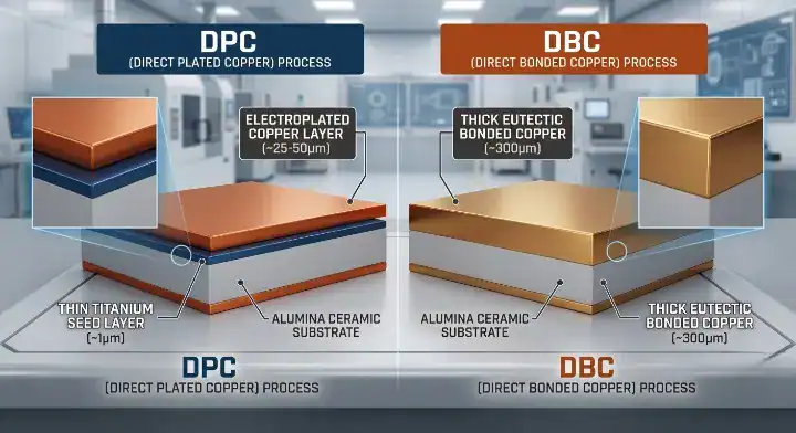 DPC vs DBC ceramic PCB manufacturing process cross section showing titanium seed layer and eutectic bonding cleanup