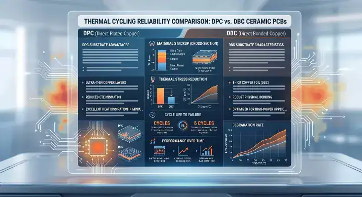 DPC vs DBC ceramic PCB thermal cycling reliability chart showing CTE mismatch and delamination data cleanup