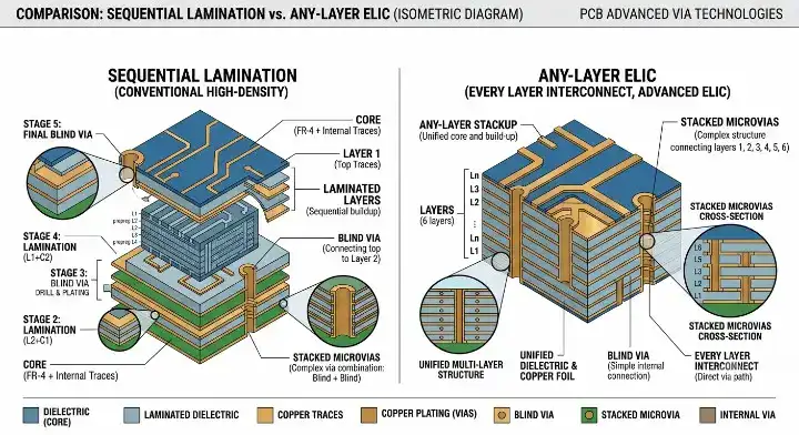 Diagram comparing HDI Any Layer ELIC and sequential lamination PCB build types