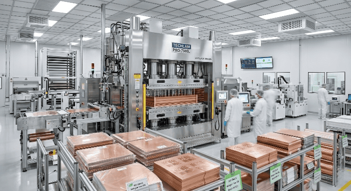 Doosan DS 7409 multilayer PCB sequential lamination process inside an advanced industrial cleanroom