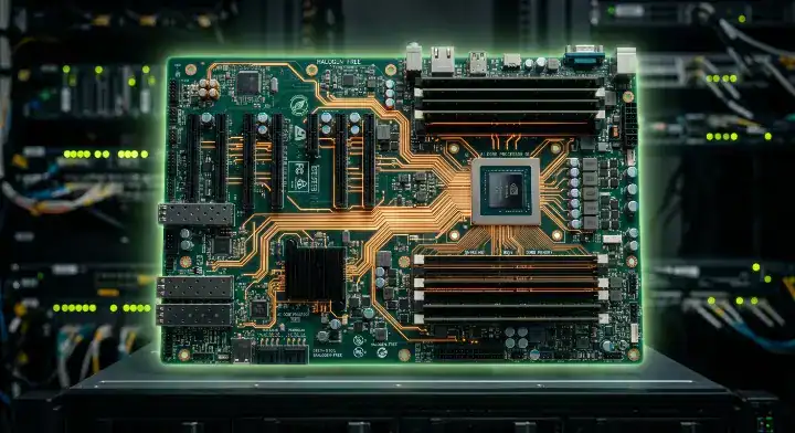 EM 892K2 halogen free M8 PCB motherboard inside a modern AI server rack cleanup