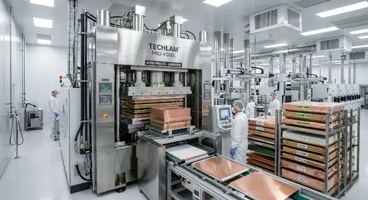 EM 892K2 multilayer PCB fabrication and sequential lamination process in a cleanroom factory cleanup