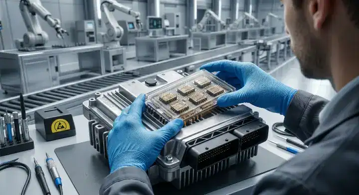 Engineer assembling qualified ceramic PCB into an automotive ECU housing