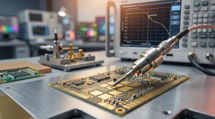 Factory engineer conducting insertion loss testing at 28 GHz on M8 CCL coupon boards to compare Megtron 8 vs EM 892K2
