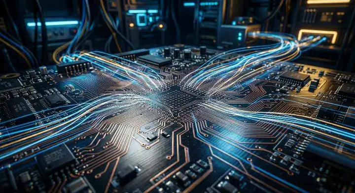 Featured image of an HDI PCB for PCIe 5.0 and DDR5 showcasing high speed data routing and advanced microvia structures